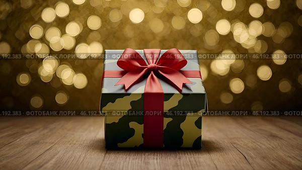The concept of Defender of the Fatherland Day on February 23. Gift camouflage box with a festive satin ribbon bow on a gold background. Стоковое AI-изображение, AI-художник Photojuli / Фотобанк Лори