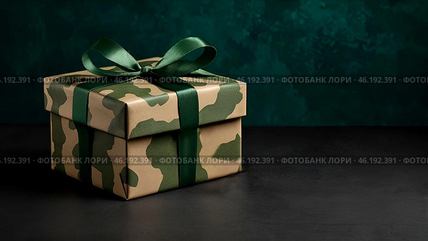 The concept of Defender of the Fatherland Day on February 23. Gift camouflage box with a festive satin ribbon bow on a dark green background. Стоковое AI-изображение, AI-художник Photojuli / Фотобанк Лори