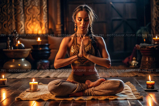 The concept of esoteric spiritual meditation, a woman in the lotus position. Human meditation, spirituality and chakra activation, mystical spirit. Стоковое AI-изображение, AI-художник Photojuli / Фотобанк Лори