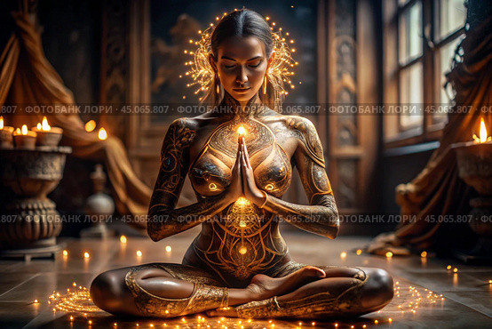 The concept of esoteric spiritual meditation, a woman in the lotus position. Human meditation, spirituality and chakra activation, mystical spirit. Стоковое AI-изображение, AI-художник Photojuli / Фотобанк Лори