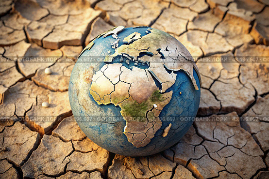 The concept of global warming of the planet earth. Dry and cracked earth, dry due to lack of rain. The effects of climate change. Стоковое AI-изображение, AI-художник Photojuli / Фотобанк Лори