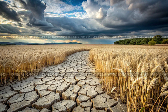 The concept of global warming on planet Earth. Dry and cracked earth and a field of wheat. The farmer's wheat crop is dead, dead, withered. The effects of climate change. Стоковое AI-изображение, AI-художник Photojuli / Фотобанк Лори