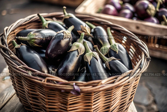 The concept of growing food. Fresh organic eggplant at the farmer's market. A rich harvest of eggplants in a wicker basket. Стоковое AI-изображение, AI-художник Photojuli / Фотобанк Лори