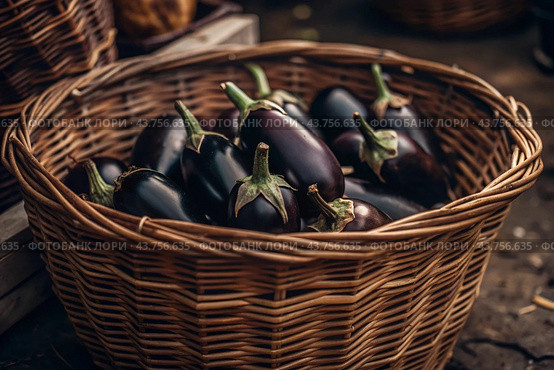 The concept of growing food. Fresh organic eggplant at the farmer's market. A rich harvest of eggplants in a wicker basket. Стоковое AI-изображение, AI-художник Photojuli / Фотобанк Лори