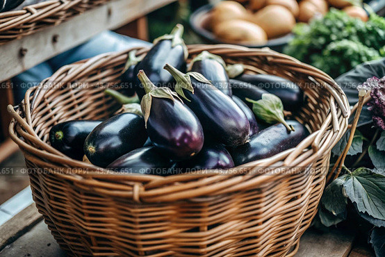 The concept of growing food. Fresh organic eggplant at the farmer's market. A rich harvest of eggplants in a wicker basket. Стоковое AI-изображение, AI-художник Photojuli / Фотобанк Лори