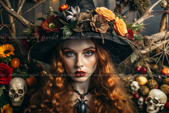 The concept of the Halloween holiday. Horror. A costume party. A beautiful woman in a witch costume. Banner, postcard. Стоковое AI-изображение, AI-художник Photojuli / Фотобанк Лори
