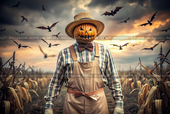 The concept of the Halloween holiday. Horror. Fear. A scary scarecrow with a pumpkin for a head, in a plaid shirt and a bow tie. Banner, postcard. Стоковое AI-изображение, AI-художник Photojuli / Фотобанк Лори