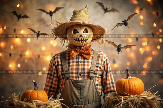 The concept of the Halloween holiday. Horror. Fear. A scary scarecrow with a pumpkin for a head, in a plaid shirt and a bow tie. Banner, postcard. Стоковое AI-изображение, AI-художник Photojuli / Фотобанк Лори