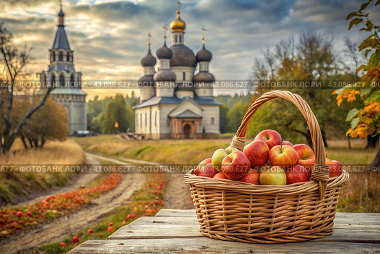 The concept of the Russian Orthodox holiday yablochny spas. A beautiful wicker basket made of vines with red ripe apples on the background of an Orthodox church. Стоковое AI-изображение, AI-художник Photojuli / Фотобанк Лори
