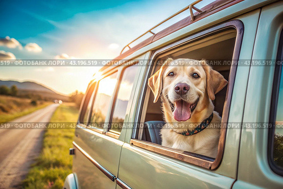 The concept of traveling with animals. A dog sticks its head out of the window of a car, a tourist van during a trip on a hot sunny day. Стоковое AI-изображение, AI-художник Photojuli / Фотобанк Лори