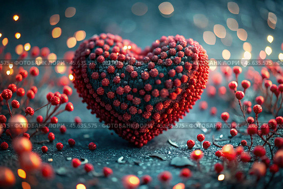 The concept of Valentine's Day. A fantastic red heart as a background. A festive banner. Стоковое AI-изображение, AI-художник Photojuli / Фотобанк Лори