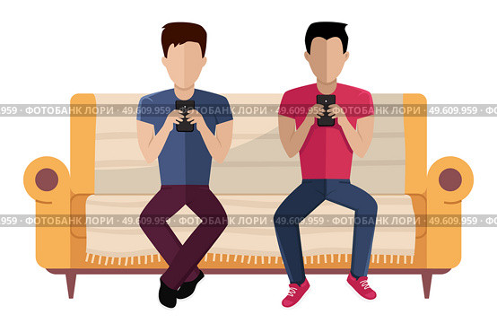 The couple is sitting on the couch. Men are chatting with smartphones in their hands vector illustration. Cartoon characters are resting and spending time together at home. Guys working with phones. The couple is sitting on the couch. Men are chatting with smartphones in hands vector illustration. Стоковая иллюстрация, агентство Ingram Publishing / Фотобанк Лори