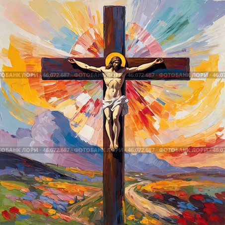The crucified figure on the cross, adorned with a crown of thorns, symbolizes resurrection and hope at Calvary, set against a backdrop of vibrant colors and dramatic clouds. Generative AI. Стоковое AI-изображение, AI-художник Юлия Петровская / Фотобанк Лори
