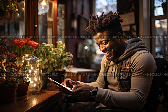 The Digital Chronicles: focused afriacn american man sits in wheelchair at sleek table, engrossed in using tablet to document and gather knowledge. Стоковое AI-изображение, AI-художник Данила Большаков / Фотобанк Лори