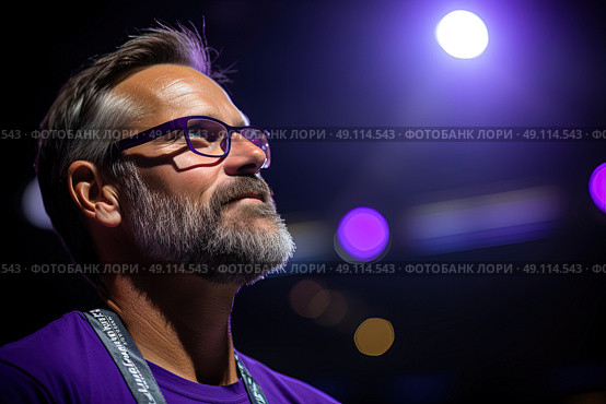 The Enigmatic Visionary: A Man With Glasses and a Purple Shirt. Стоковое AI-изображение, AI-художник Данила Большаков / Фотобанк Лори