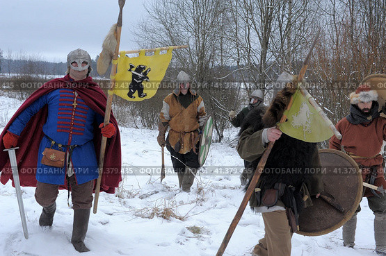 The festival is a historical reconstruction of the Viking Age in winter. Vikings attack with shields and helmets (2014 год). Редакционное фото, фотограф Анна Кривицкая / Фотобанк Лори