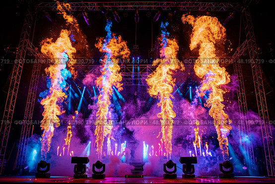 The final bow, the stage behind the performers erupting in a controlled inferno, Стоковое AI-изображение, AI-художник Anastasy Yarmolovich / Фотобанк Лори