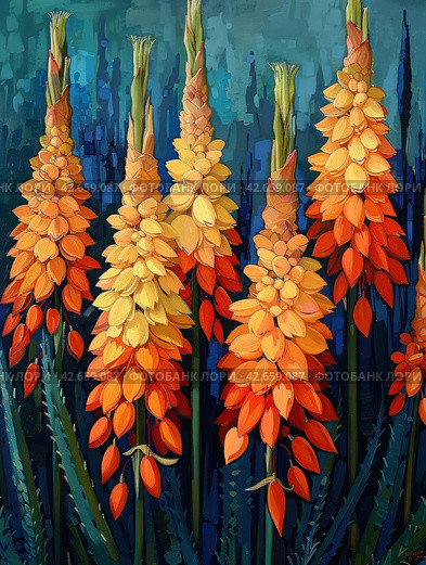The flowers are arranged in pyramidal clusters and are painted in various shades from light orange to rich terracotta.    Generative AI. Стоковое AI-изображение, AI-художник Анна Кривицкая / Фотобанк Лори