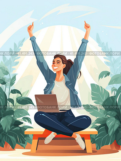 The girl is happy with the result achieved. Flat illustration. Generated by AI. Стоковое AI-изображение, AI-художник Ярославский Максим / Фотобанк Лори