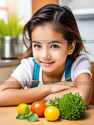 The girl is sitting at the table with the vegetables and smiling. Стоковое AI-изображение, AI-художник Ульянов Александр / Фотобанк Лори