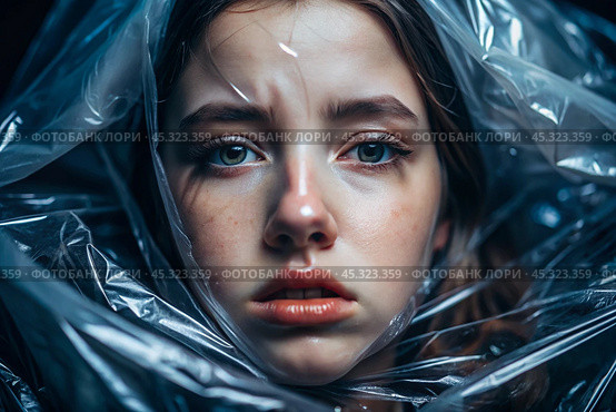 The girl is wrapped in cellophane or a bag. The girl is suffocating. Plastic pollution of the planet. Environmental hazard. Reducing the reuse of plastic. Recycling. The concept of garbage. Стоковое AI-изображение, AI-художник Photojuli / Фотобанк Лори