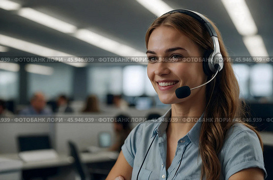 The girl works at the call center wearing headphones for negotiations. Стоковое AI-изображение, AI-художник Александр Поташев / Фотобанк Лори