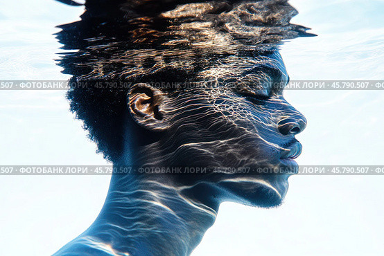 The head of a young African-American man is immersed in clear water. The face reflects the glare of the water. Стоковое AI-изображение, AI-художник Ярославский Максим / Фотобанк Лори