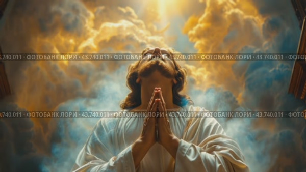 The holy image of Jesus, immersed in prayer, with his eyes turned to the clouds in the sky. Стоковое AI-видео, аниматор Юрий Поздников / Фотобанк Лори