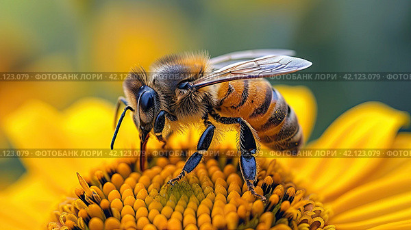 The honey bee collects nectar from a yellow wildflower in hot summer. Macro sketching of insects. Стоковое AI-изображение, AI-художник Ярославский Максим / Фотобанк Лори