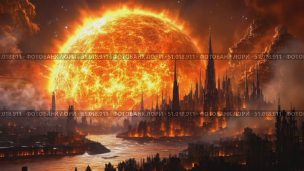 The horizon glows with vibrant colors as a massive sun sets, casting an orange hue over the city skyline with dramatic structures. Стоковое AI-видео, аниматор Данила Большаков / Фотобанк Лори