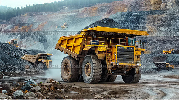 The industrial site at the openpit mine is bustling with yellow mining trucks and heavy machinery on a sunny day. Стоковое AI-изображение, AI-художник Anastasy Yarmolovich / Фотобанк Лори