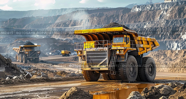 The industrial site at the openpit mine is bustling with yellow mining trucks and heavy machinery on a sunny day. Стоковое AI-изображение, AI-художник Anastasy Yarmolovich / Фотобанк Лори