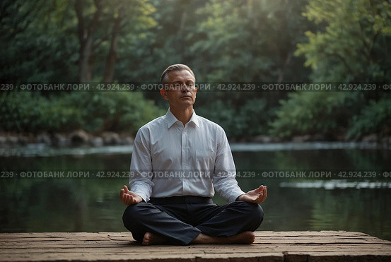 The leader meditates after a working day. Recuperation after work. Стоковое AI-изображение, AI-художник Александр Поташев / Фотобанк Лори