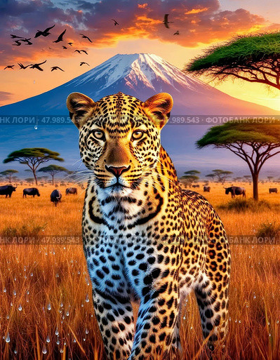 The leopard (Lat. Panthera pardus) is a species of predatory mammals of the cat family, belonging to the subfamily of big cats. The species' range covers Africa and the southern half of Asia. Стоковое AI-изображение, AI-художник Сергей Елизарьев / Фотобанк Лори