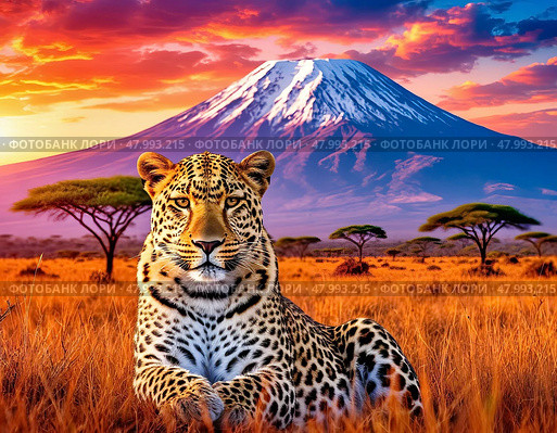 The leopard (Lat. Panthera pardus) is a species of predatory mammals of the cat family, belonging to the subfamily of big cats. The species' range covers Africa and the southern half of Asia. Стоковое AI-изображение, AI-художник Сергей Елизарьев / Фотобанк Лори
