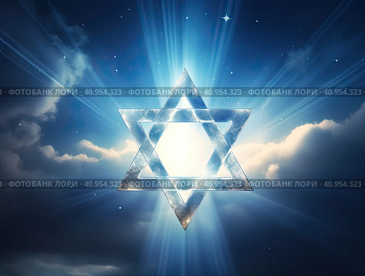 The luminous star of the prophet and King David on the background of the sky and clouds. Created by AI. Стоковое AI-изображение, AI-художник Ярославский Максим / Фотобанк Лори