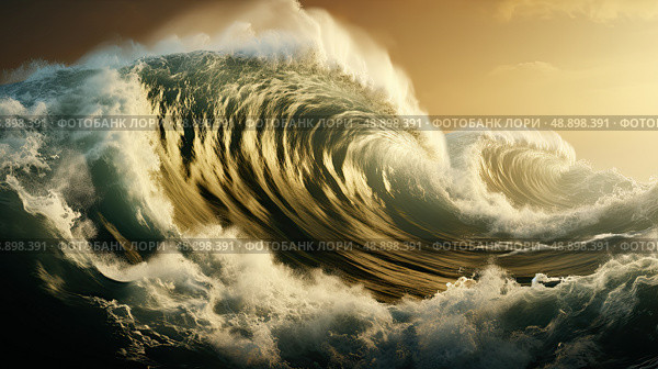 The Majestic Surge: A Powerful Masterpiece Showcasing a Towering Wave in the Vast Ocean. Стоковое AI-изображение, AI-художник Данила Большаков / Фотобанк Лори