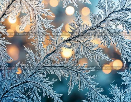The night frost painted patterns on the window panes. New Year's decor. Festive New Year's atmosphere. Стоковое AI-изображение, AI-художник Сергей Елизарьев / Фотобанк Лори