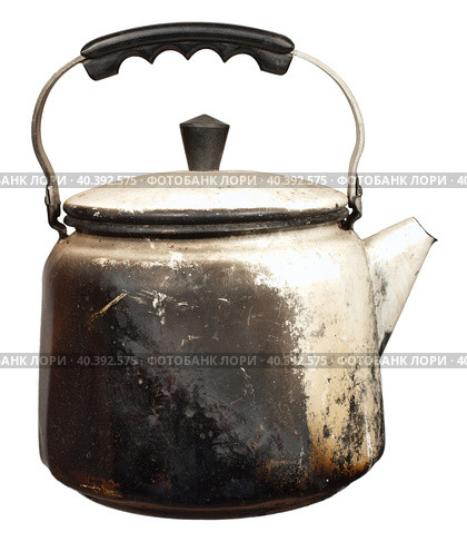 The old kettle sooty isolated on a white background. Стоковое фото, фотограф Сизов Иван Николаевич / Фотобанк Лори