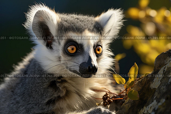 The ring-tailed lemur, Lemur catta is a large strepsirrhine primate and the most recognized lemur due to its long, black and white ringed tail.Like all lemurs it is endemic to the island of Madagascar. Стоковое AI-изображение, AI-художник Ирина Михайличенко / Фотобанк Лори