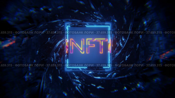The rotation of the cube with Neon NFT inscription in the technological tunnel. Seamless animation. Стоковое видео, видеограф Alexander / Фотобанк Лори