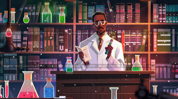 The scientist in a white coat examines a book while surrounded by vibrant glassware in a cozy, well-stocked lab. Стоковое AI-изображение, AI-художник Данила Большаков / Фотобанк Лори
