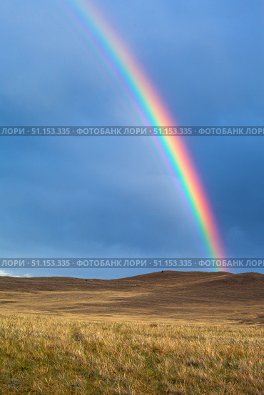 The shore of Lake Baikal after the rain. A bright colorful rainbow on the blue cloudy sky above the steppe meadows of Olkhon Island. Picturesque landscape. Weather phenomena and weather forecasts. Стоковое фото, фотограф Виктория Катьянова / Фотобанк Лори