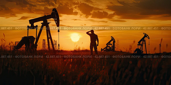 The silhouette of a worker with removed paint and reflective vests sits against the background of the oil rockers of an industrial oil field at sunset. Стоковое AI-изображение, AI-художник Ярославский Максим / Фотобанк Лори