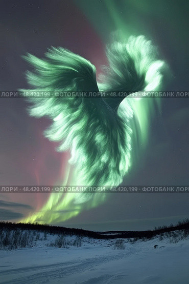 The sky transforms with vibrant colors as auroras dance, creating a striking figure above a snowy terrain in winter's calmness. Стоковое AI-изображение, AI-художник Данила Большаков / Фотобанк Лори