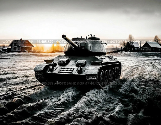 The Soviet T-34 tank is one of the best tanks of the Second World War on the battlefield. Retro. Стоковое AI-изображение, AI-художник Сергей Елизарьев / Фотобанк Лори