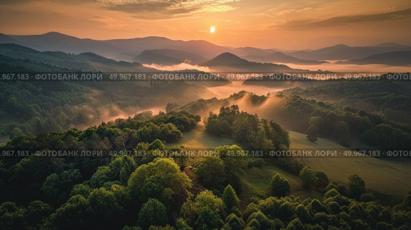 The sun descends behind the mountains, casting a warm glow over the trees in the tranquil natural landscape. Стоковое AI-изображение, AI-художник Данила Большаков / Фотобанк Лори