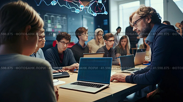 The teacher talks about neural networks. Стоковое AI-изображение, AI-художник Кирилл Черезов / Фотобанк Лори