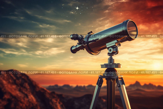 The telescope stands in nature in the evening. Стоковое AI-изображение, AI-художник Поликарпов Владимир Владимирович / Фотобанк Лори