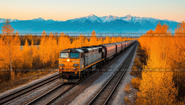 The train is surrounded by trees that are in the fall season. Стоковое AI-изображение, AI-художник Ярославский Максим / Фотобанк Лори
